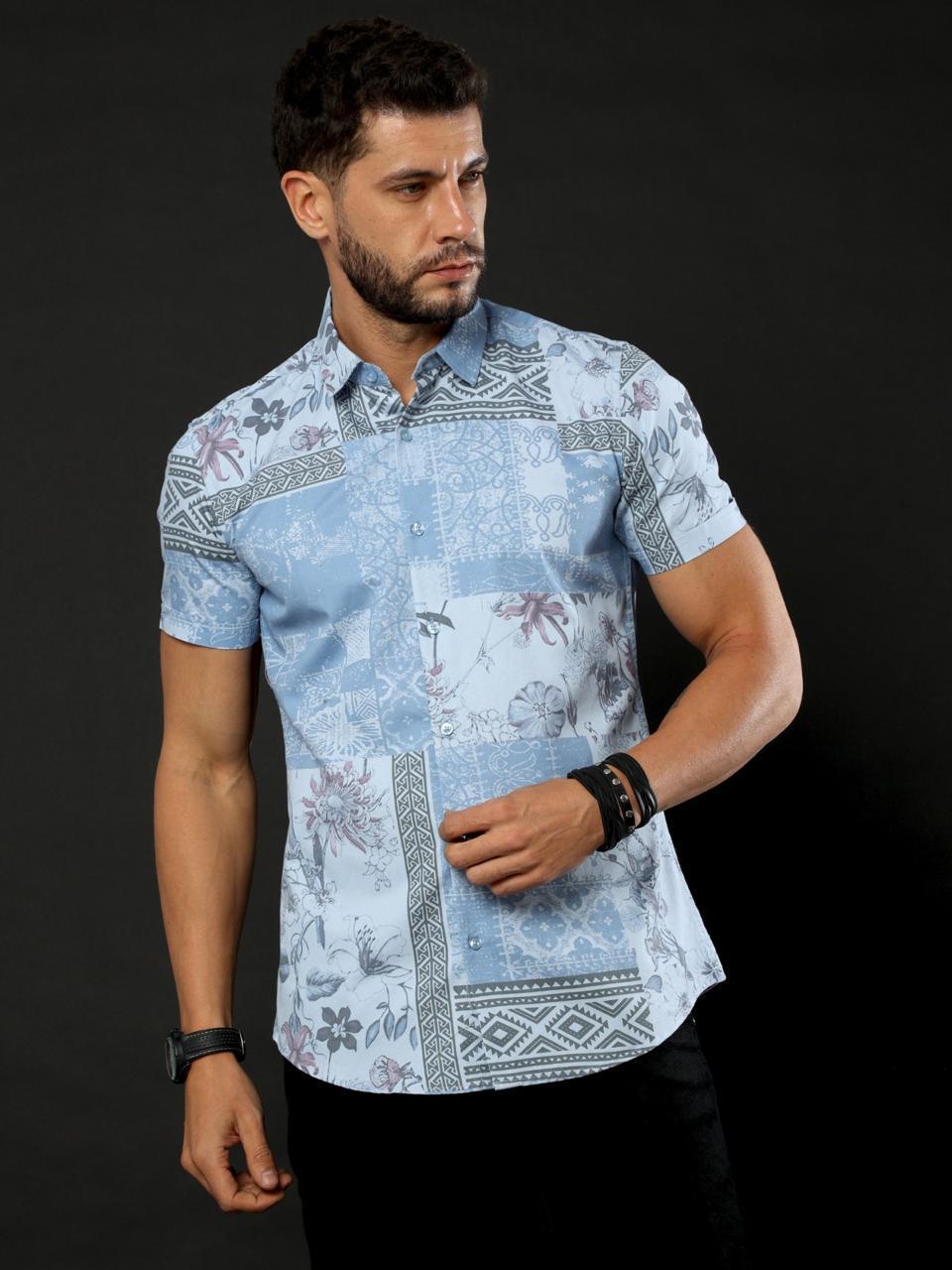 Sunny Blooms Printed SkyBlue Half Sleeve Shirt