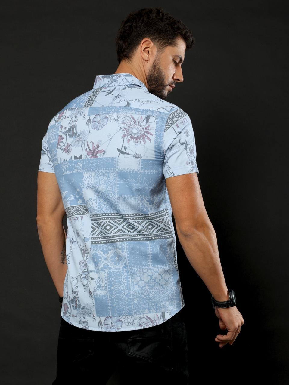Sunny Blooms Printed SkyBlue Half Sleeve Shirt
