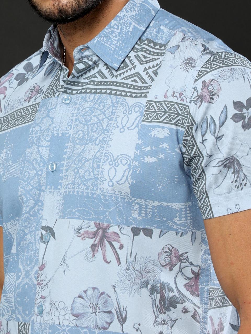 Sunny Blooms Printed SkyBlue Half Sleeve Shirt