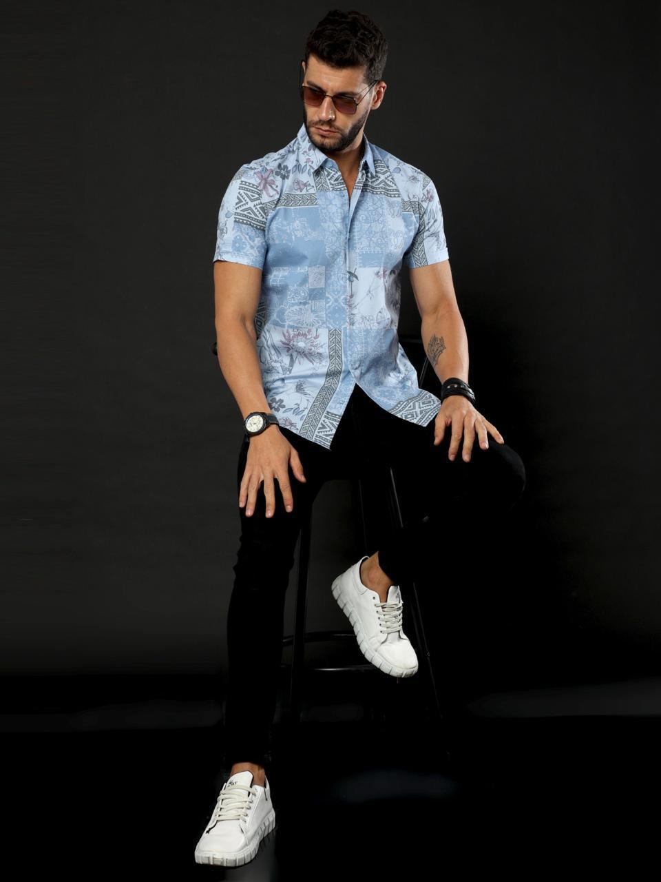 Sunny Blooms Printed SkyBlue Half Sleeve Shirt