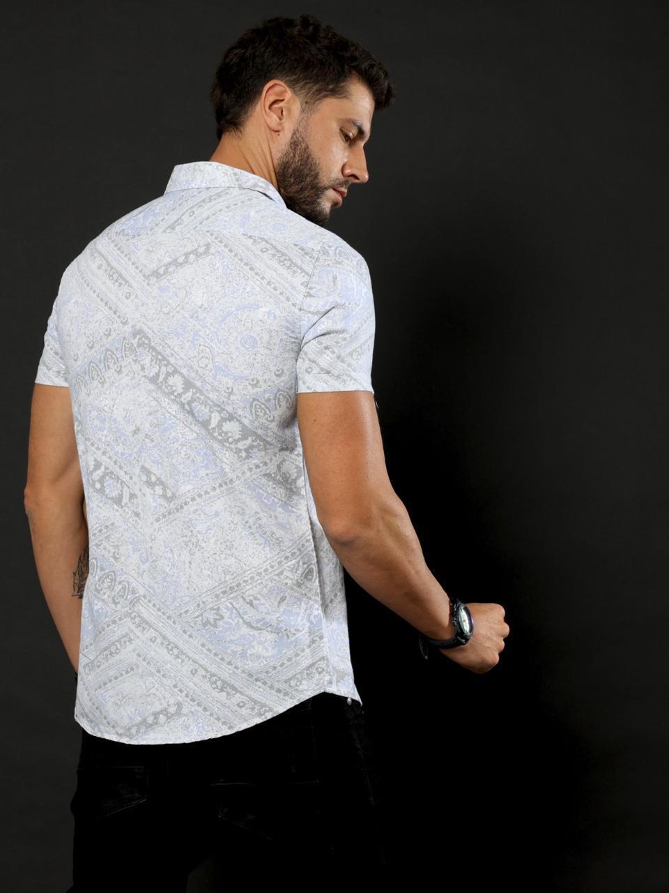 Doodle Print Grey Oxford Flowy Printed Half Sleeve Shirt