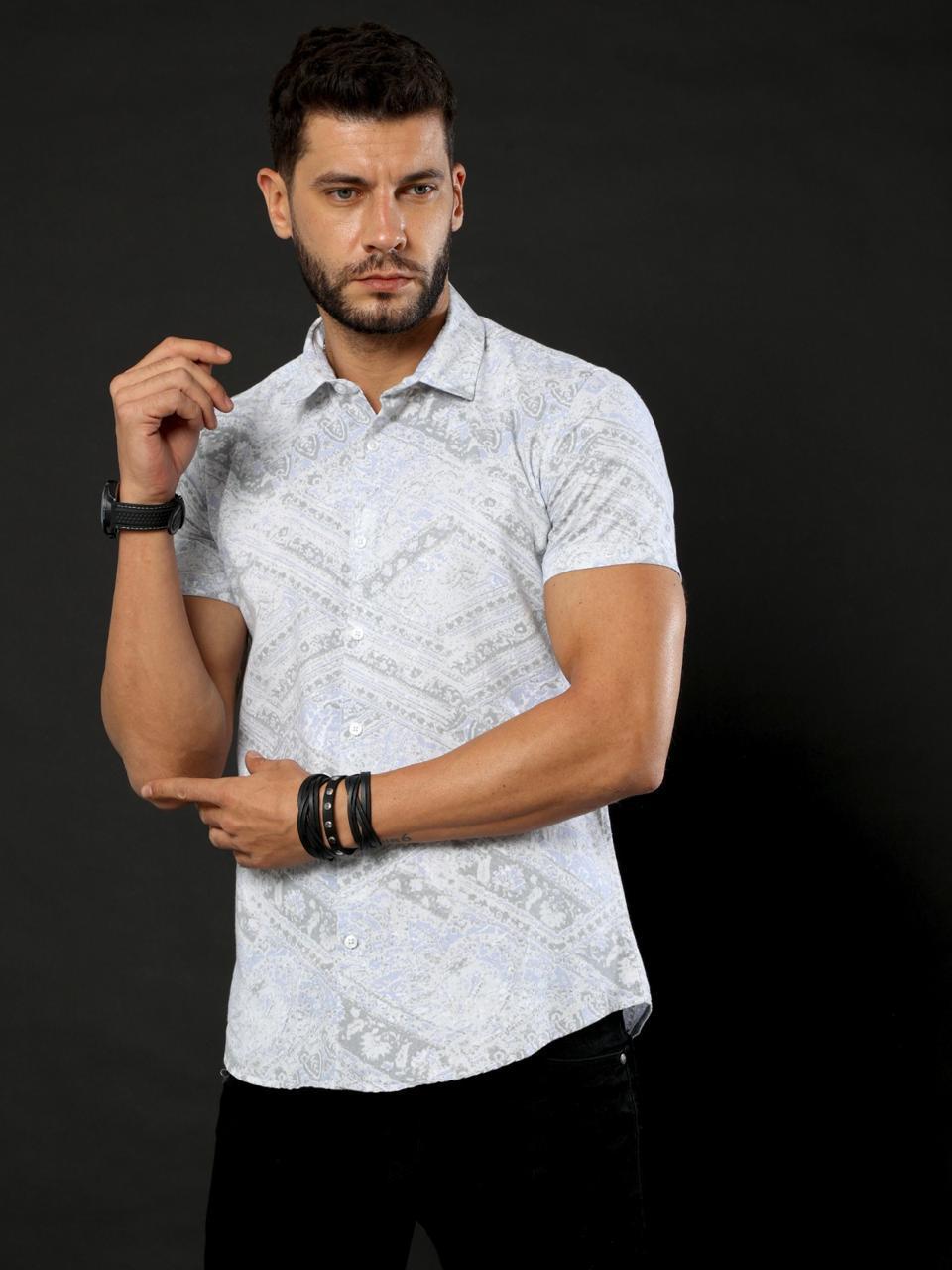 Doodle Print Grey Oxford Flowy Printed Half Sleeve Shirt
