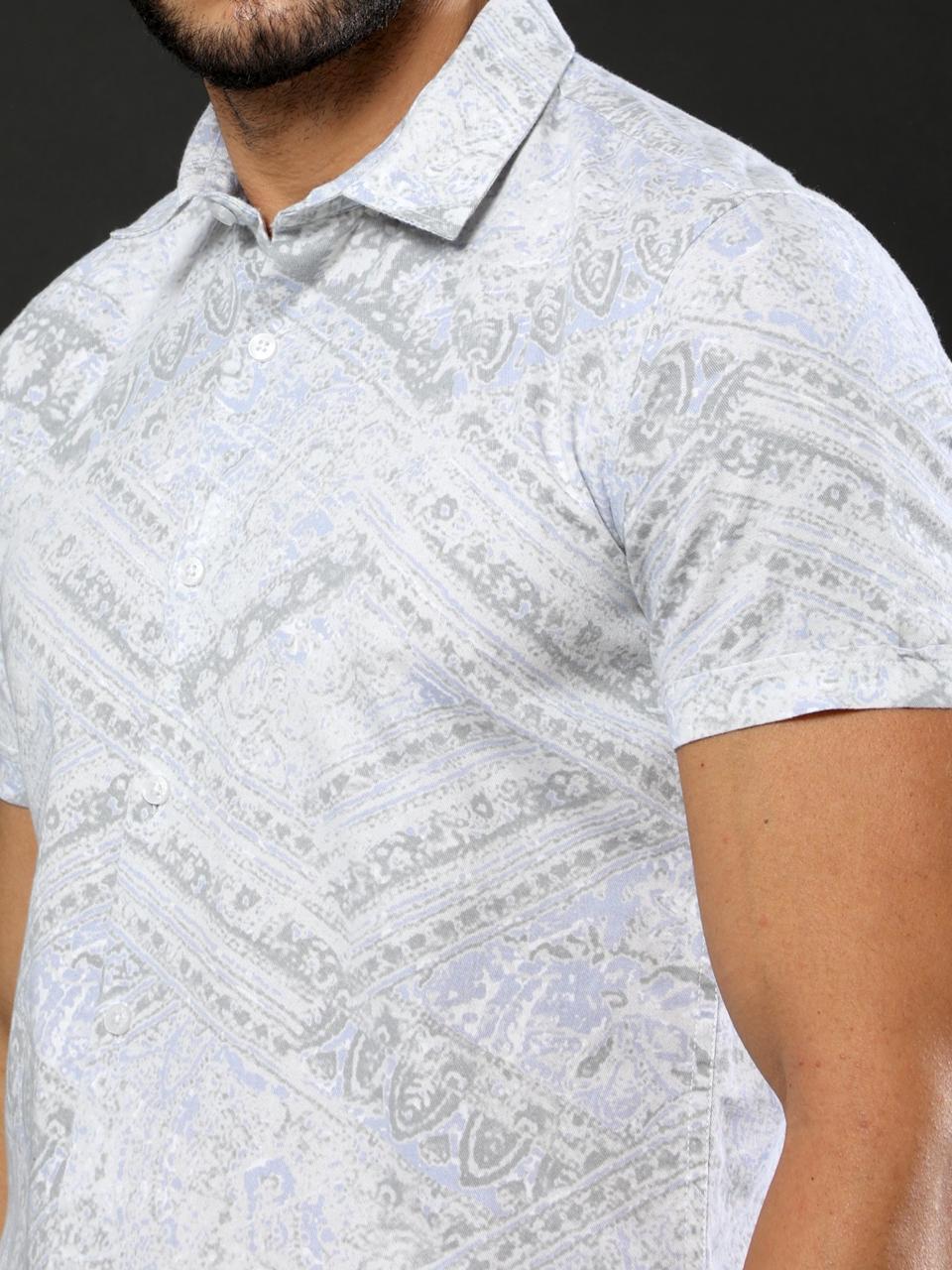 Doodle Print Grey Oxford Flowy Printed Half Sleeve Shirt