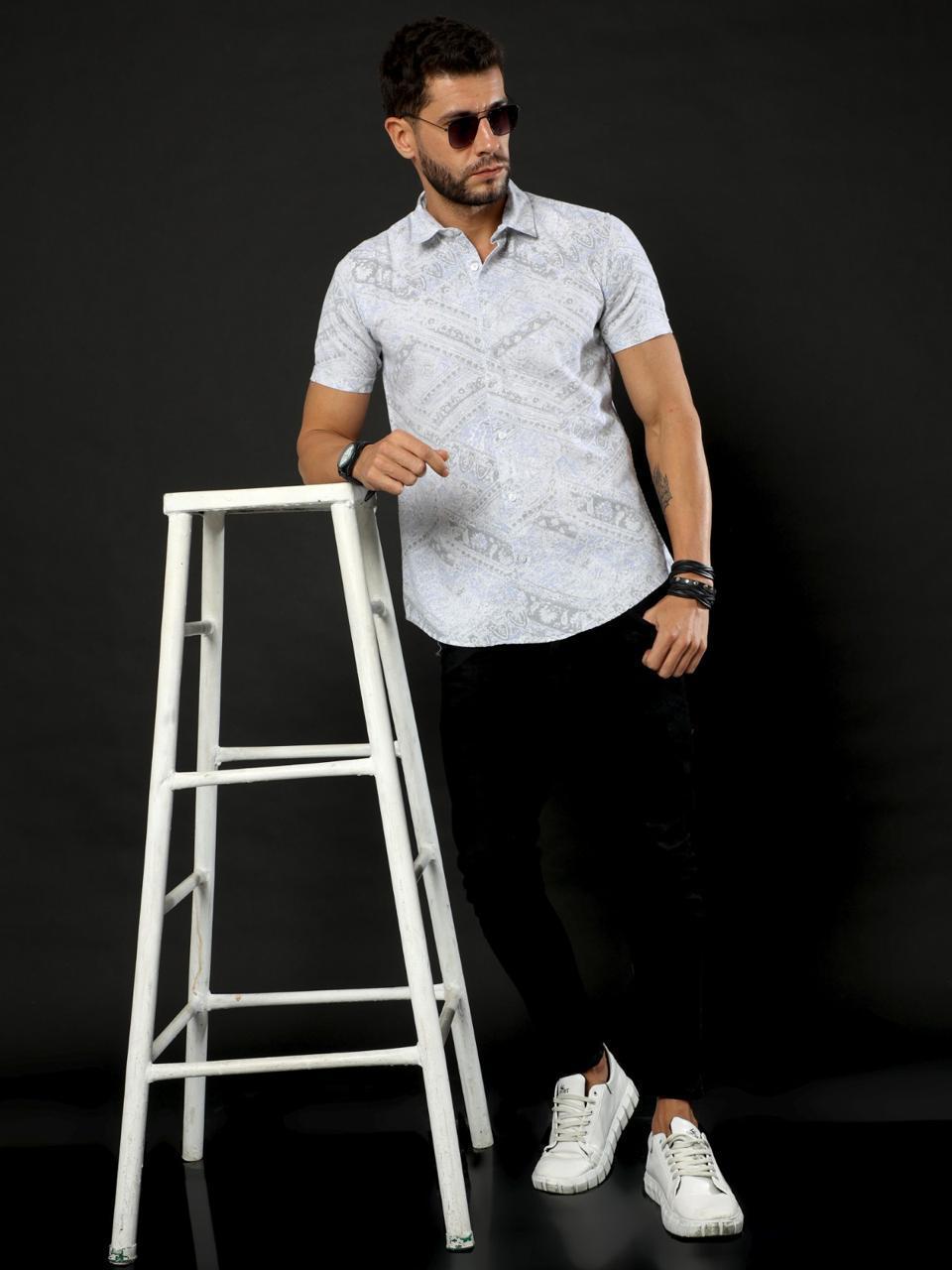 Doodle Print Grey Oxford Flowy Printed Half Sleeve Shirt