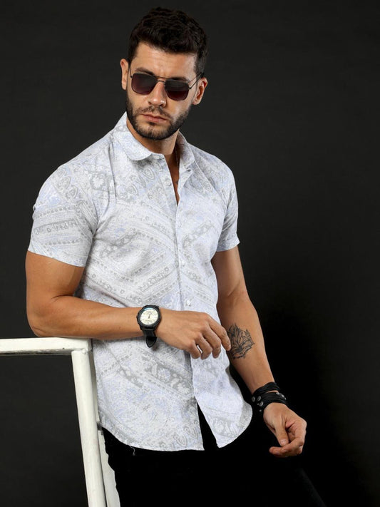 Doodle Print Grey Oxford Flowy Printed Half Sleeve Shirt