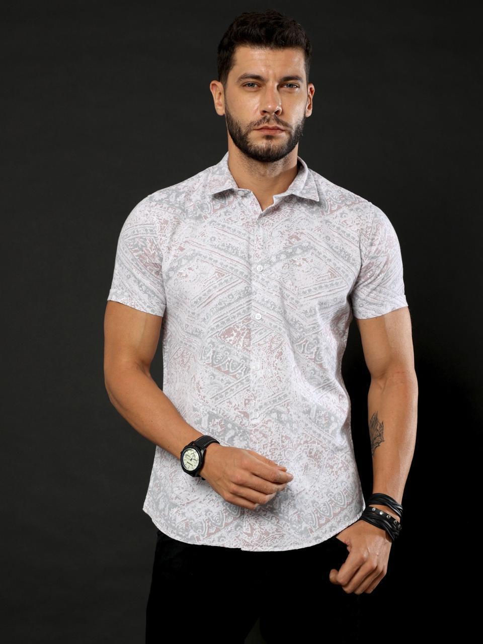 Doodle Print Lavender Oxford Flowy Printed Half Sleeve Shirt