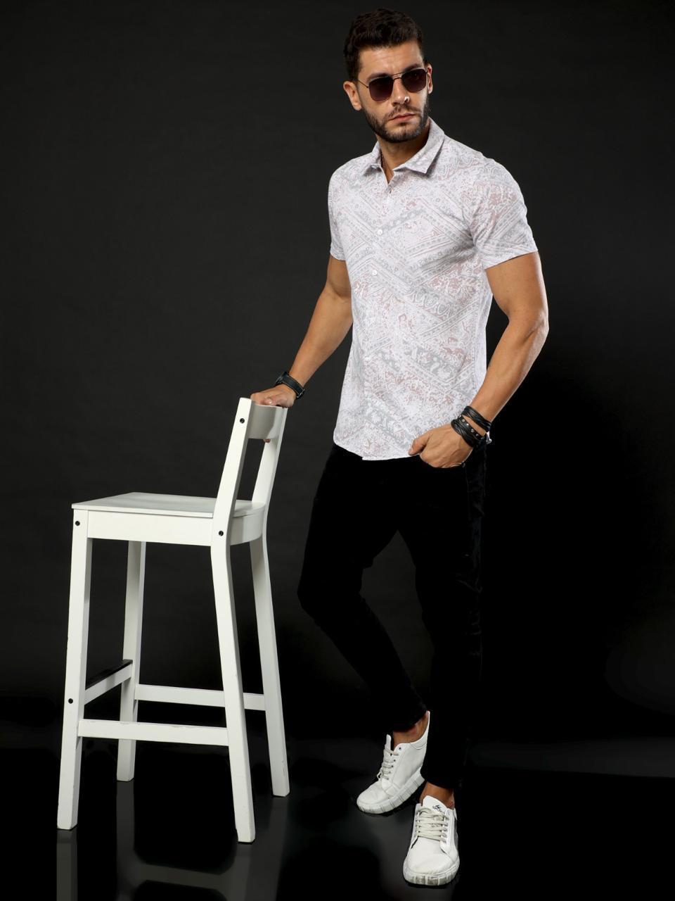 Doodle Print Lavender Oxford Flowy Printed Half Sleeve Shirt