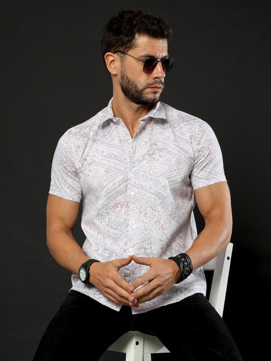 Doodle Print Lavender Oxford Flowy Printed Half Sleeve Shirt