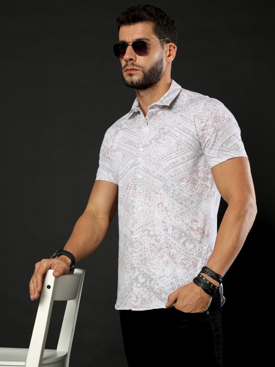 Doodle Print Lavender Oxford Flowy Printed Half Sleeve Shirt