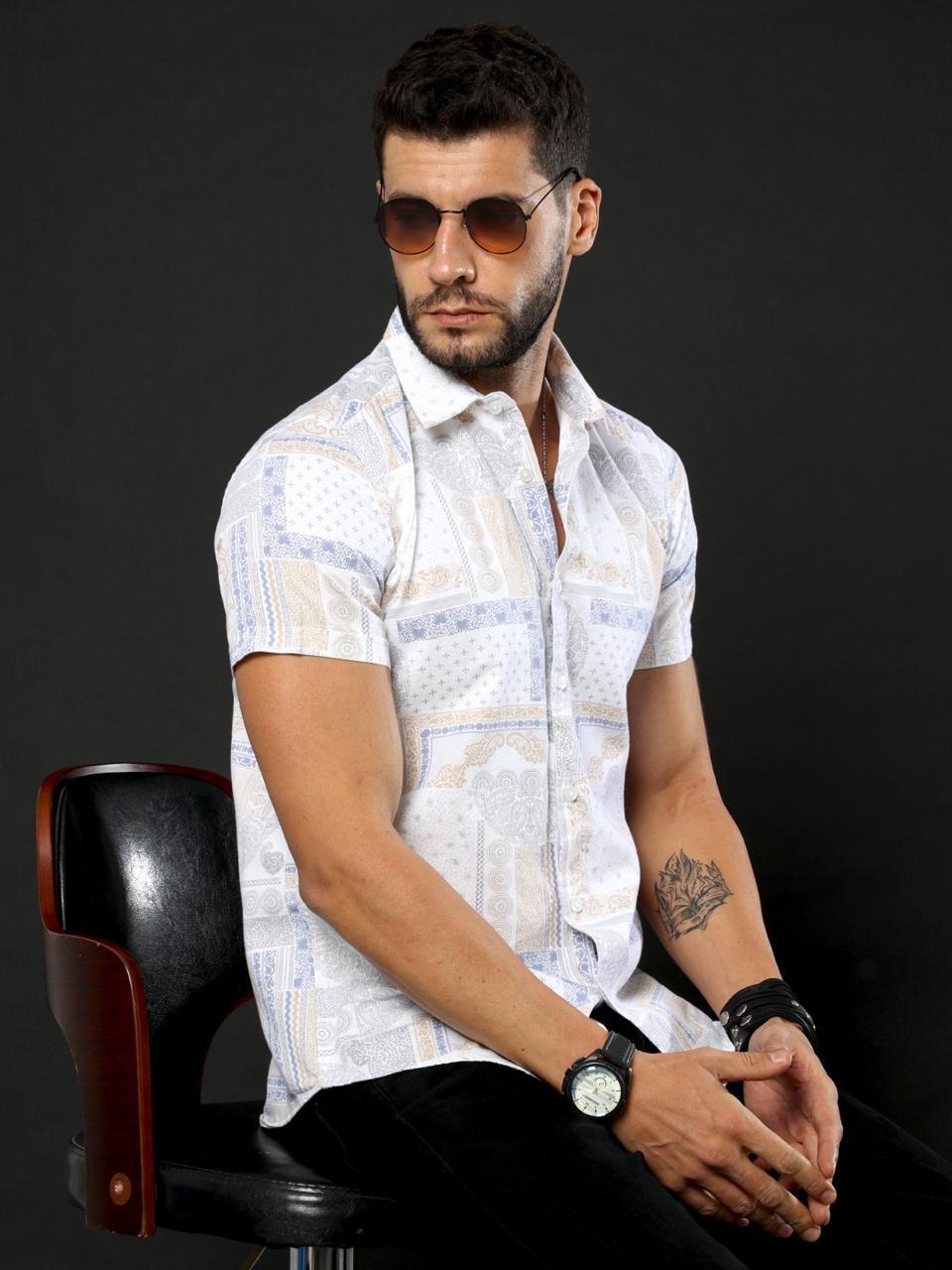 Doodle Print White Printed Half Sleeve Shirt