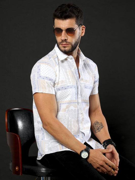 Doodle Print White Printed Half Sleeve Shirt