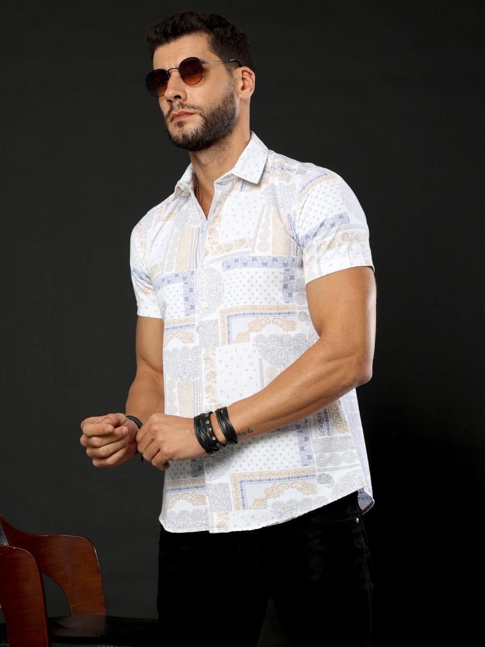 Doodle Print White Printed Half Sleeve Shirt