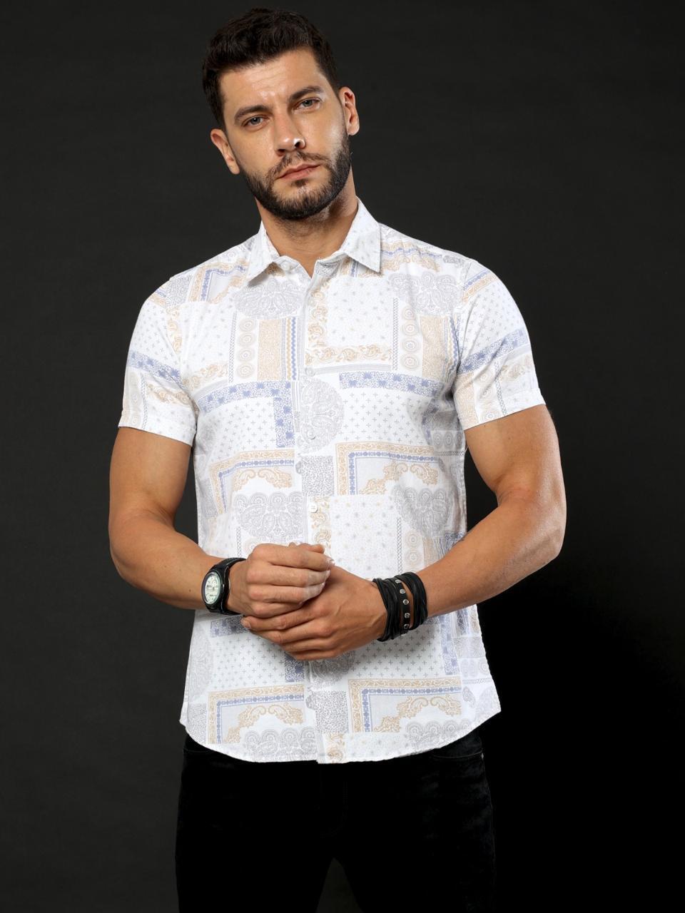 Doodle Print White Printed Half Sleeve Shirt