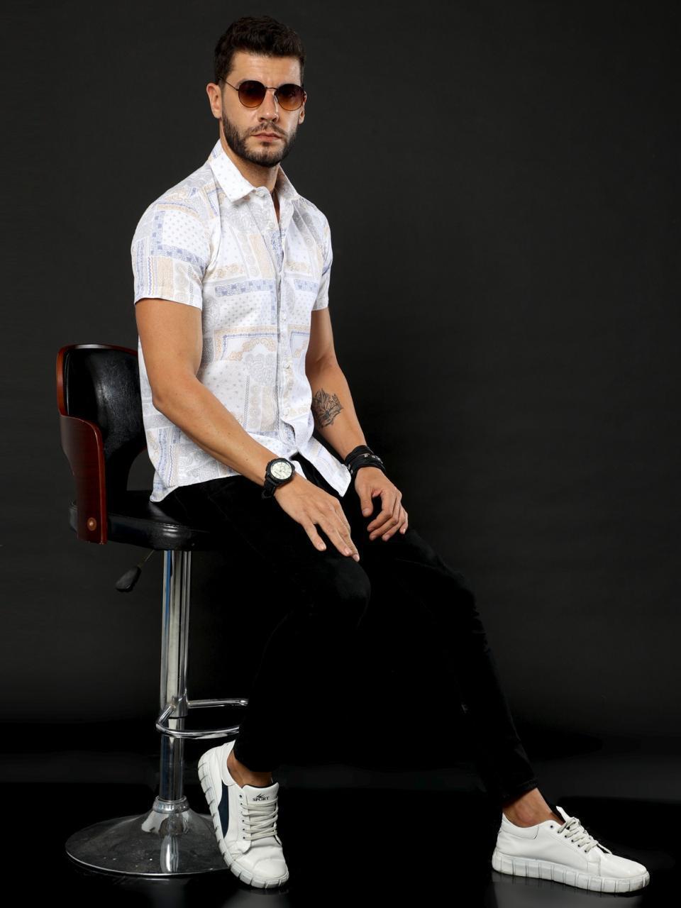 Doodle Print White Printed Half Sleeve Shirt