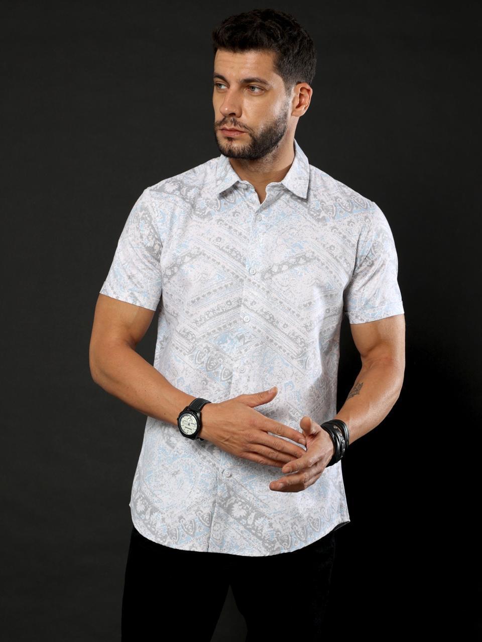 Ancient Print White Printed Half Sleeve Shirt