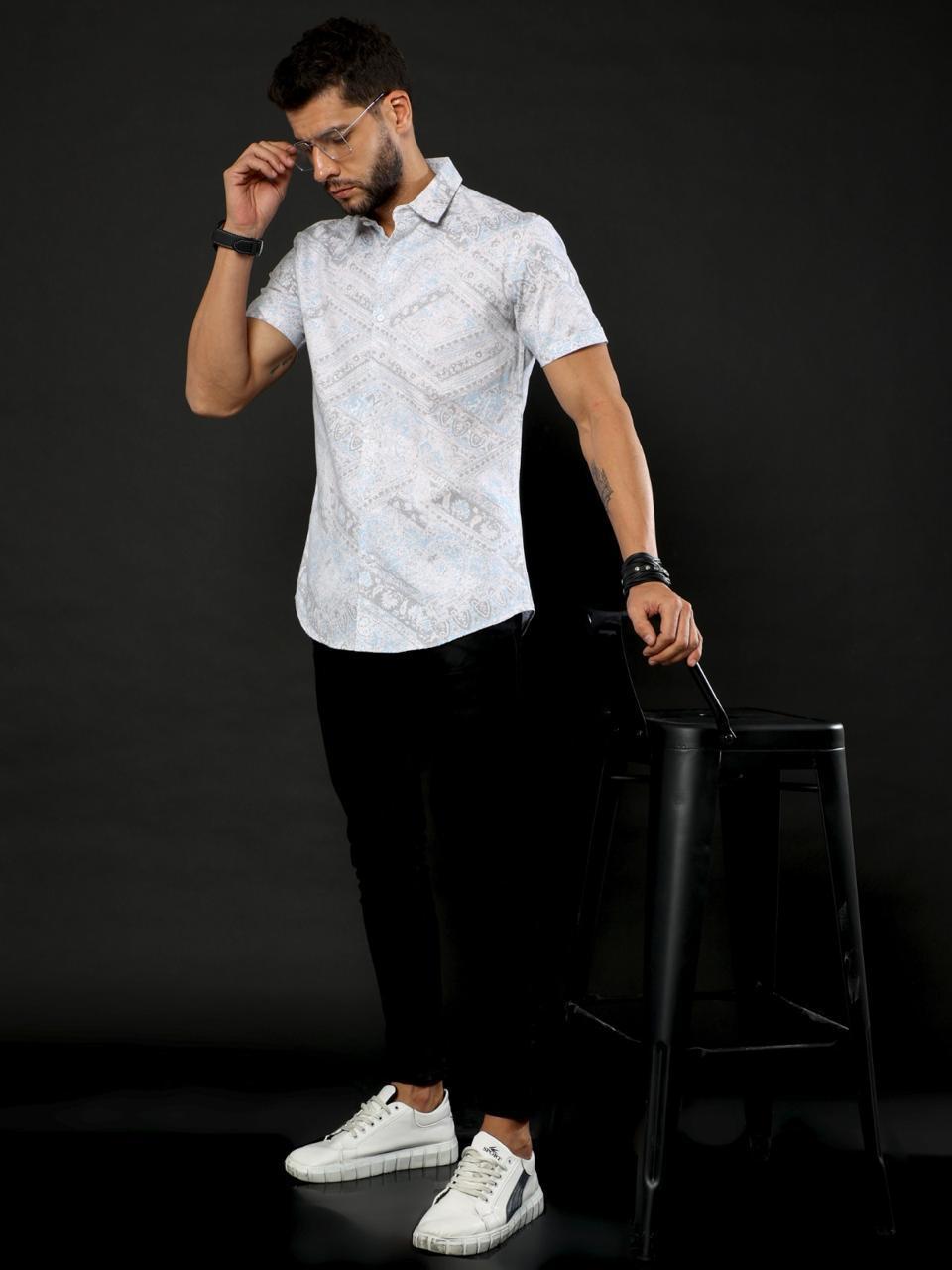 Ancient Print White Printed Half Sleeve Shirt