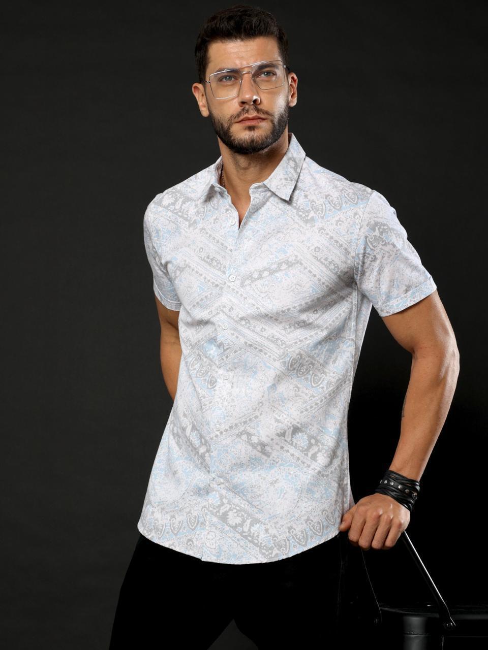 Ancient Print White Printed Half Sleeve Shirt