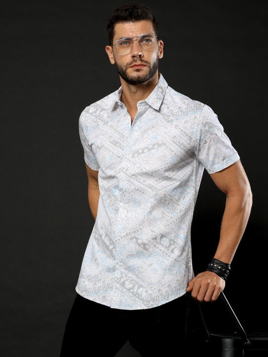 Ancient Print White Printed Half Sleeve Shirt