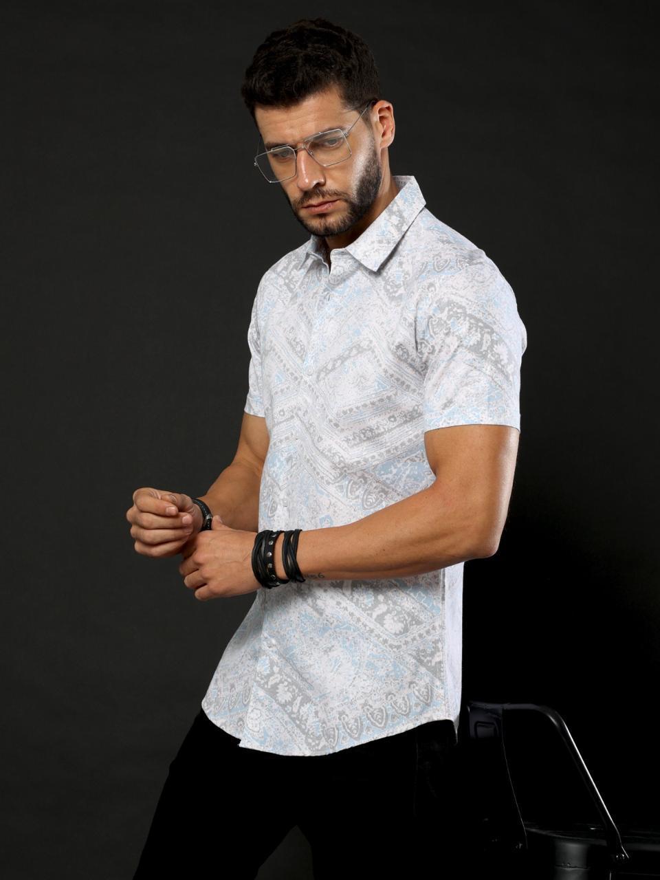 Ancient Print White Printed Half Sleeve Shirt